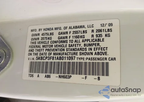 2010 Honda Accord 3.5 Ex-L z USA, uszkodzony, nr VIN 5KBCP3F81AB011097